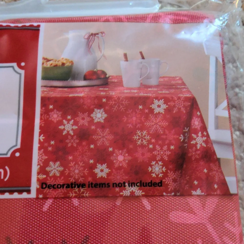 NIB Christmas Snowflakes Red Vinyl Rectangle Tablecloth (52